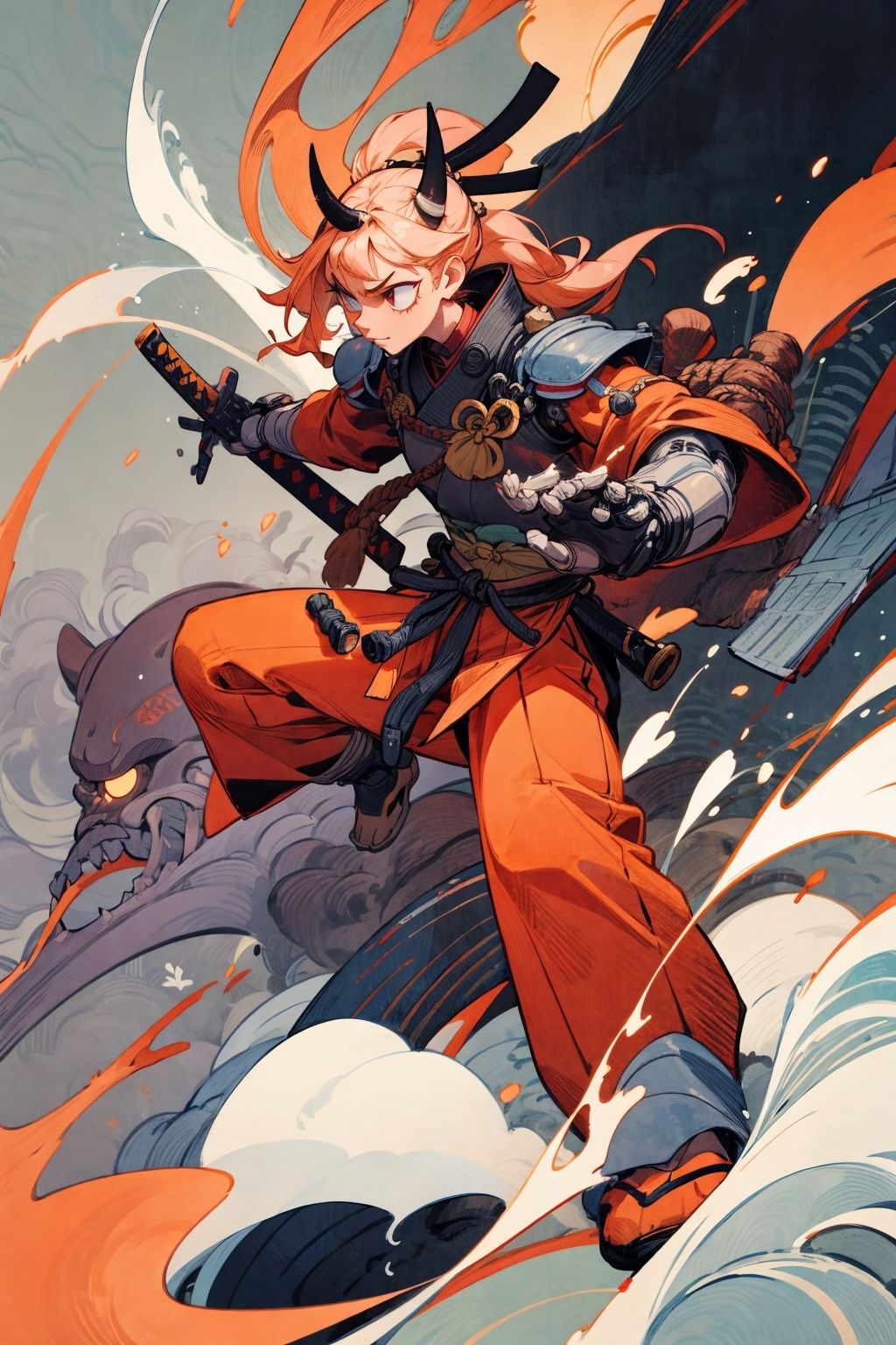 1girl, oni  , dynamic pose, cybernetic samurai armor, mechanical limbs, science fiction,   plastic , mecha, japanese traditional style ,katana,negative space, nihonga,  flat color, vector art  <lora:add_detail:1>