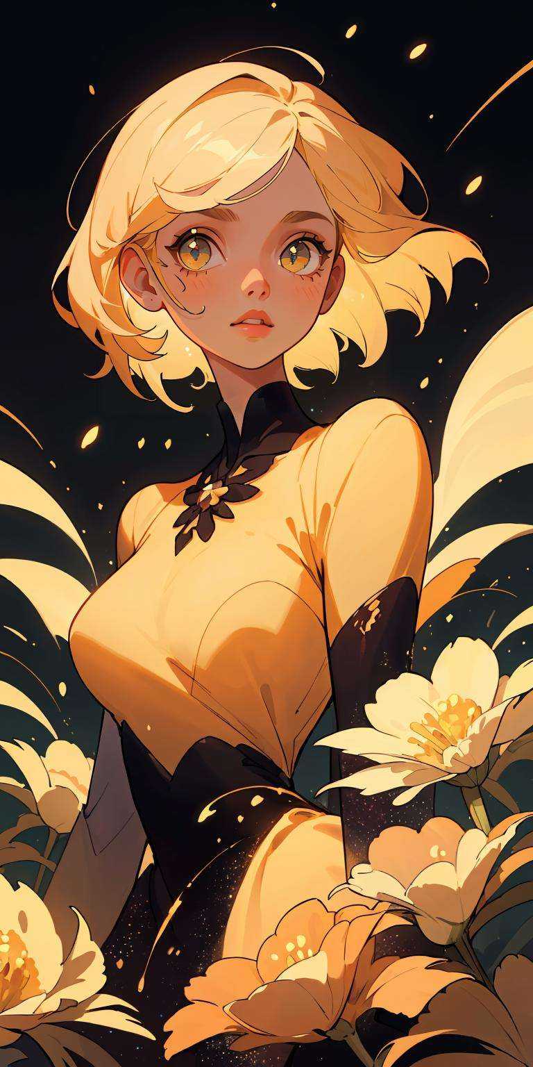 (best quality, masterpiece), 1girl, galaxy, glitter, dress, particle, wind, flower, upper body, dark simple background, looking at viewer, blonde, 