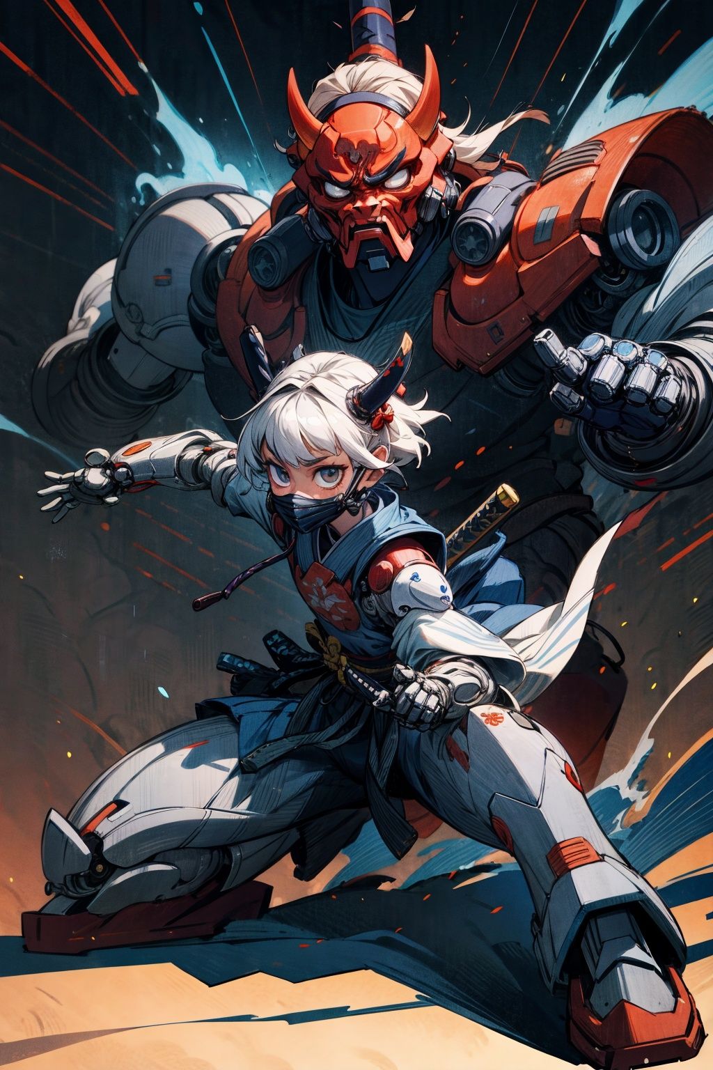 1girl, oni mask, dynamic pose, cybernetic samurai armor, mechanical arms, science fiction, blue plastic , mecha, japanese traditional style ,katana <lora:epiNoiseoffset_v2:1> <lora:add_detail:1>