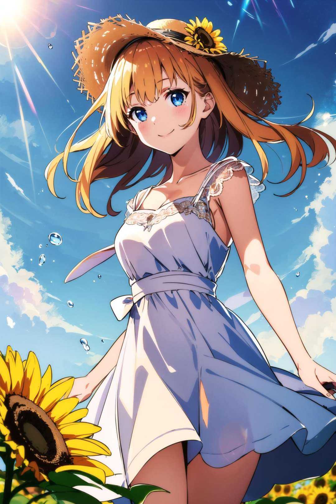 sunflower field scenery,  blue sky,  rainbow on Tensor.Art