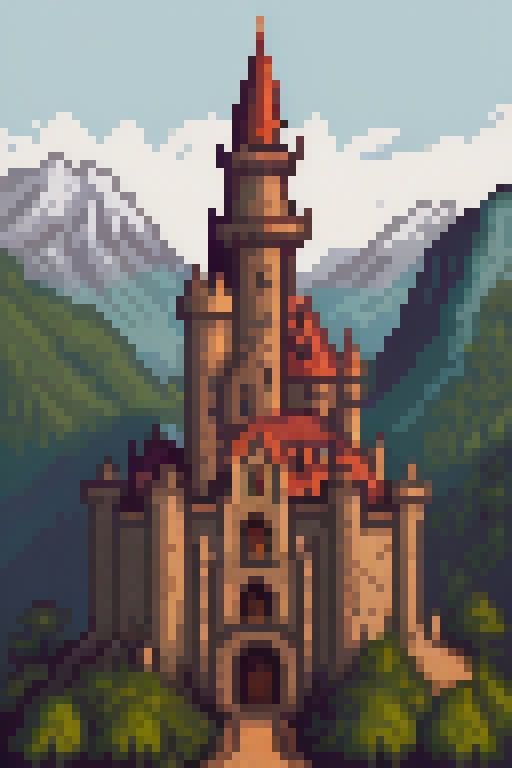 A forbidden castle high up in the mountains,  pixel art, on Tensor.Art