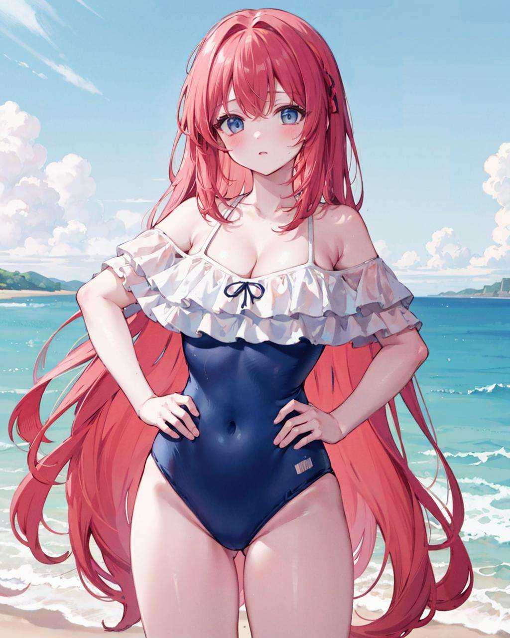 <lora:FrilledOnePieceSwimsuitV1:1>,frilled one-piece swimsuit, 1girl,solo,large breasts,cleavage, red hair, redeyes, very long hair, standing,cowboy shot, hand on hip, seaside, blue sky,