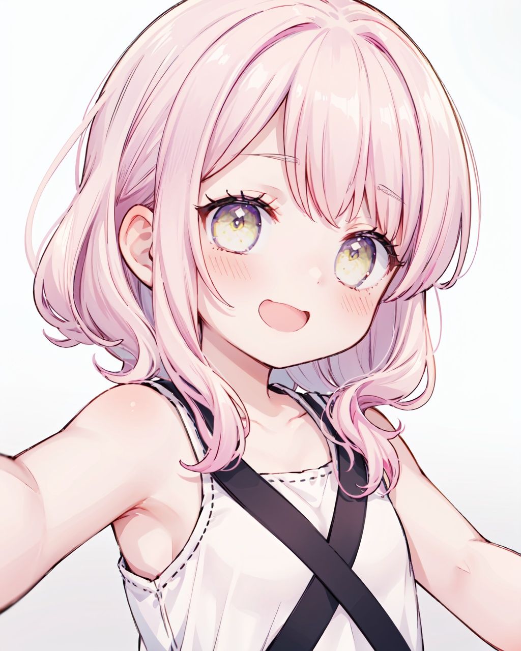 1girl, solo,looking at viewer,collarbone, blush,bare arms, bare shoulders, reaching out,close range, pink hair,yellow eyes,hair over one eye,hair tie,medium hair with long locks , low tied,low ponytail,long locks,solo locks,child,small breasts,bare shoulders,blush,light smile,open mouth, winking, standing,upper body,white background, 