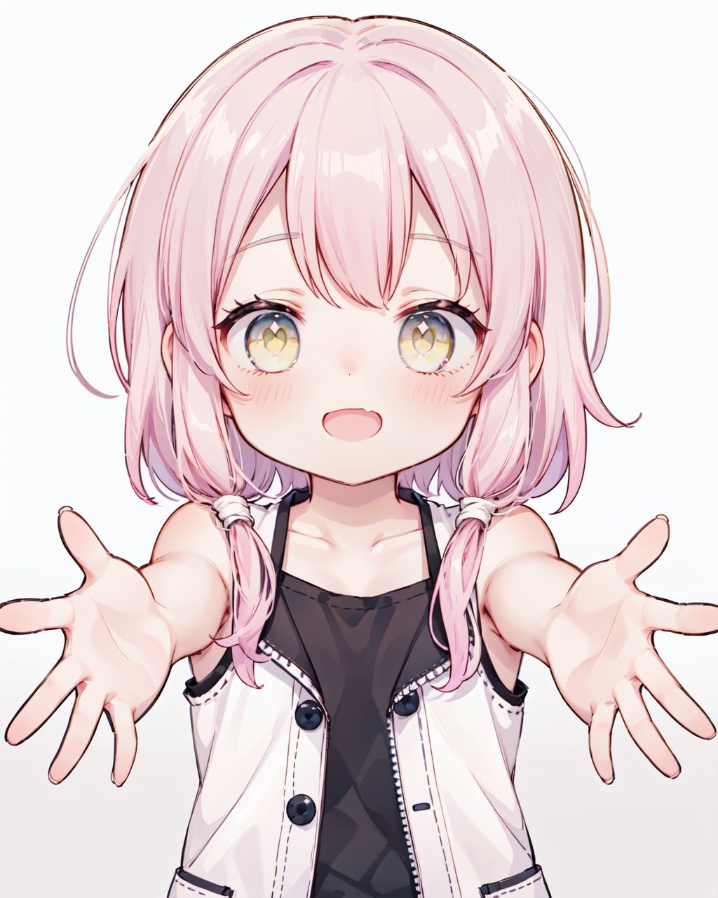 1girl, solo,looking at viewer,collarbone, blush,bare arms, bare shoulders, reaching out,close range, pink hair,yellow eyes,hair over one eye,hair tie,medium hair with long locks , low tied,low ponytail,long locks,solo locks,child,small breasts,bare shoulders,blush,light smile,open mouth, winking, standing,upper body,white background, 