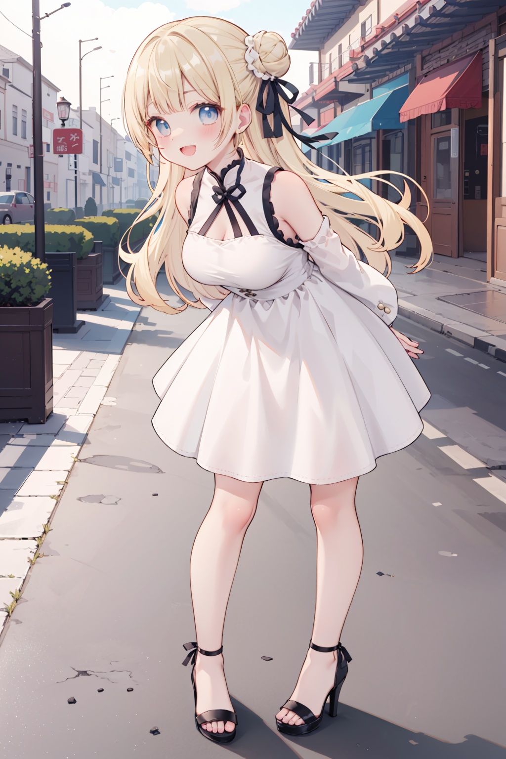 hair ribbon,buns, blonde hair, blue eyes, large breasts,long hair, bangs,looking at viewer, long sleeves, blush, stray hair,smile, open mouth, wink,Simple backgroundchina_dress, standing,full_body,arms behind back, leaning forward,bare legs,high heels