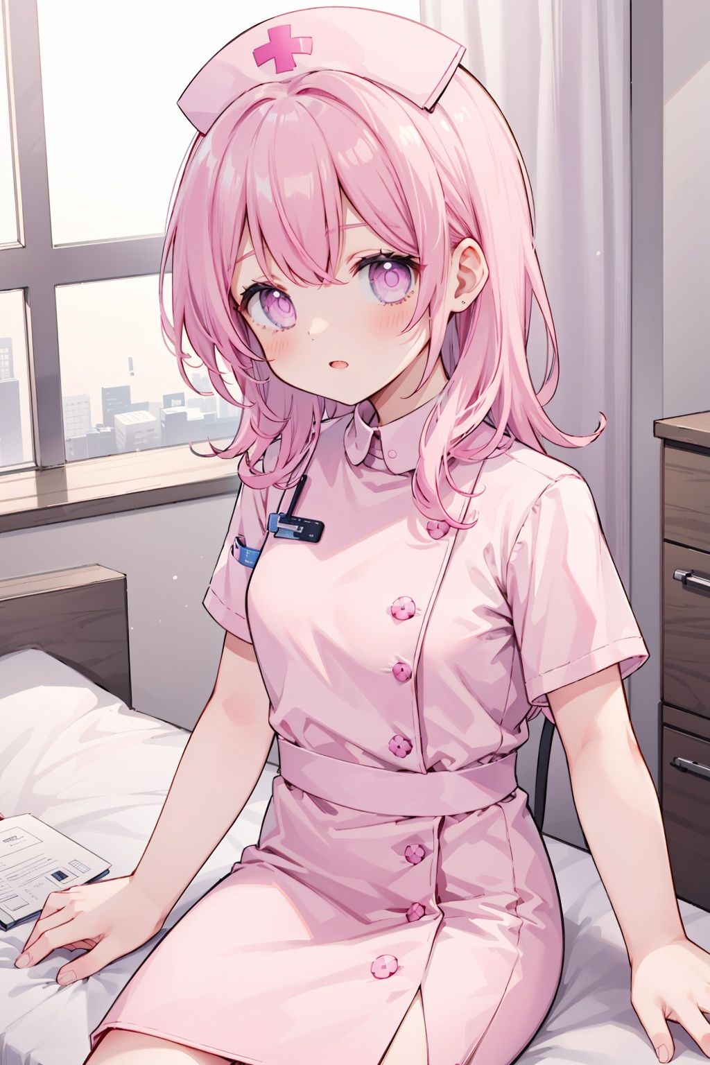 1girl,pink hair,long hair,nurse