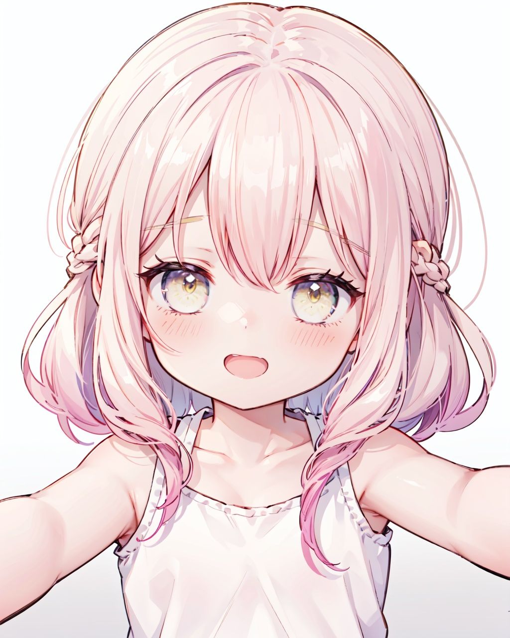 1girl, solo,looking at viewer,collarbone, blush,bare arms, bare shoulders, reaching out,close range, pink hair,yellow eyes,hair over one eye,hair tie,medium hair with long locks , low tied,low ponytail,long locks,solo locks,child,small breasts,bare shoulders,blush,light smile,open mouth, winking, standing,upper body,white background, 