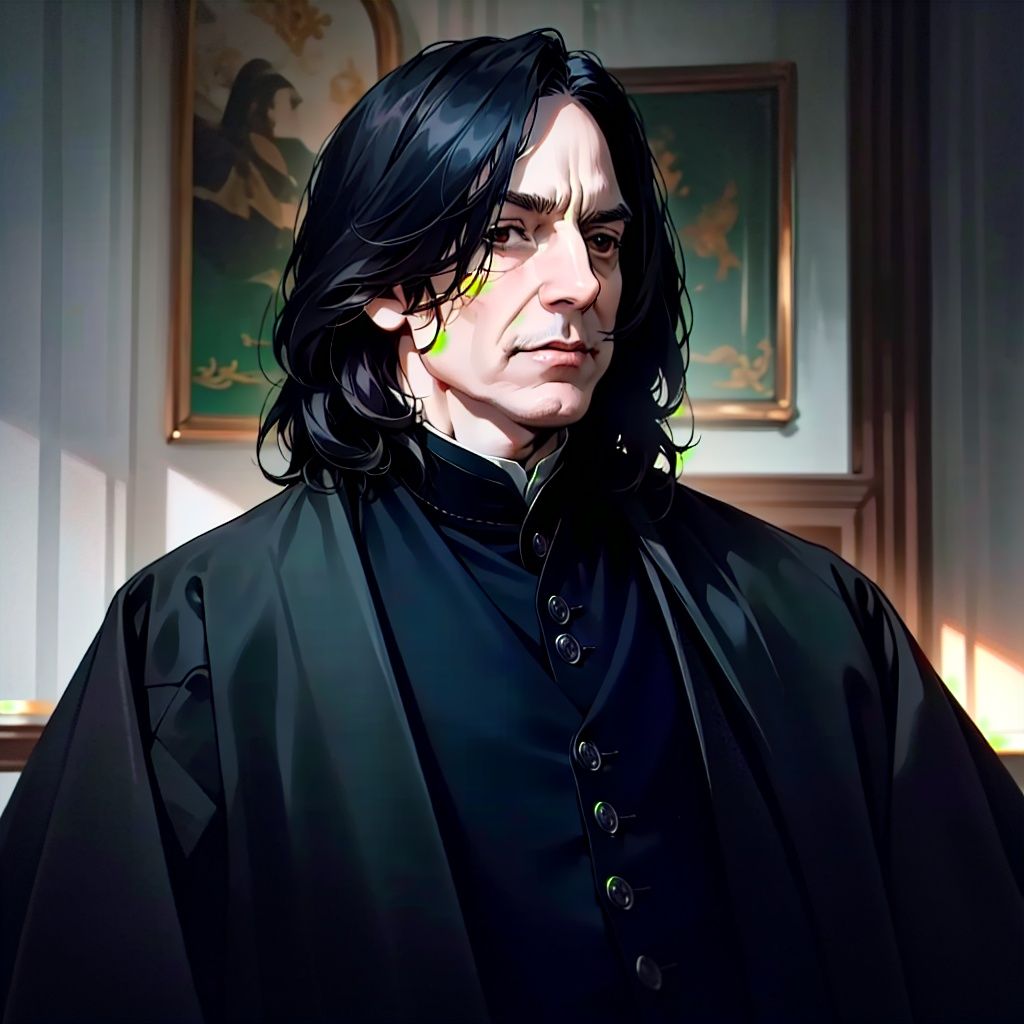 ((masterpiece,best quality)),(8k, best quality, masterpiece:1.2), severus snape,  a man with long hair and a black coat solo, realistic, upper body, closed mouth, forehead, jacket, brown eyes, looking at viewer, male focus,  coat, black coat,  lips