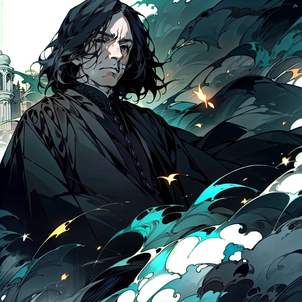 ((masterpiece,best quality)),(8k, best quality, masterpiece:1.2), severus snape,  outdoor,a man with long hair and a black coat solo