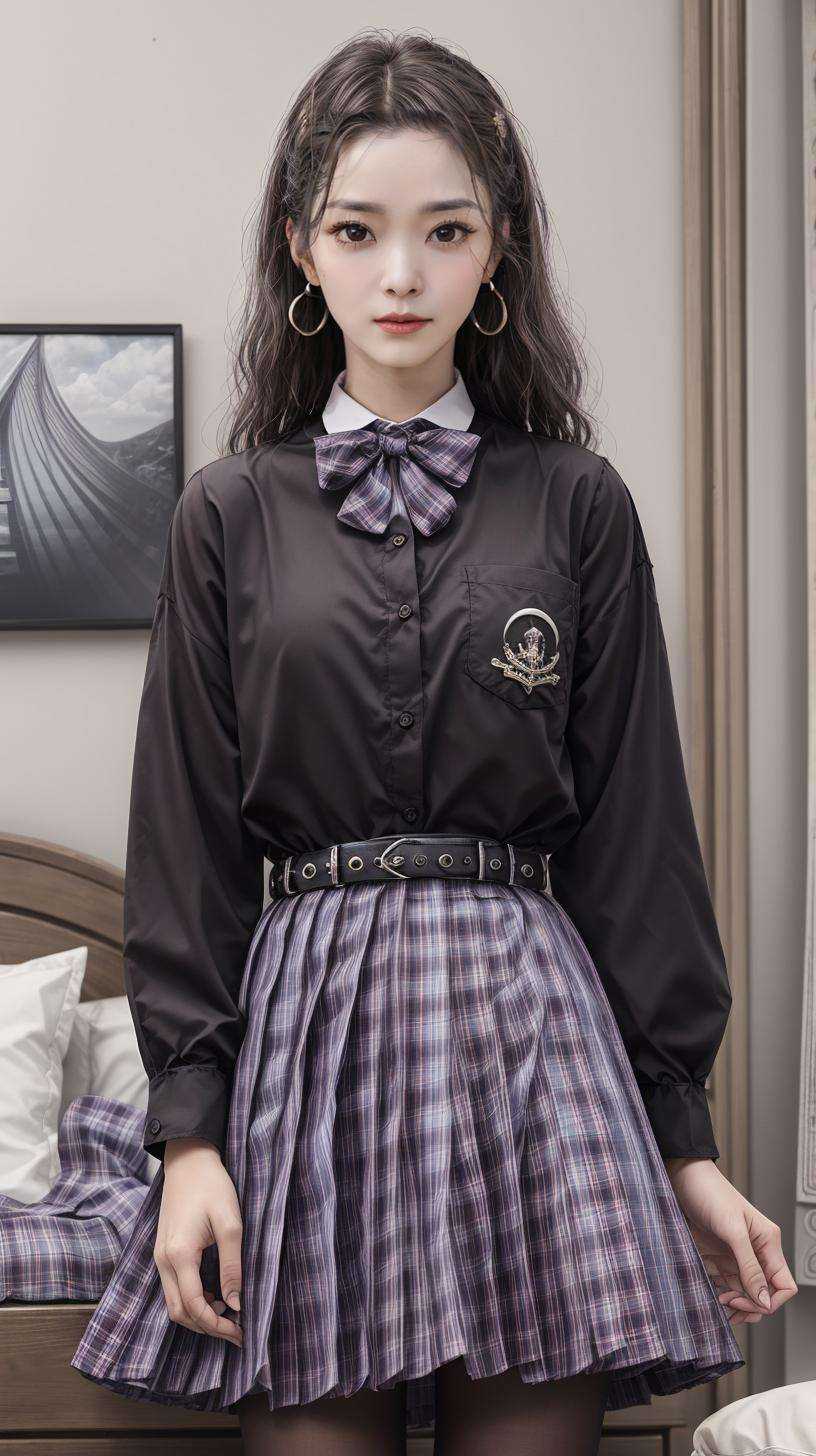 masterpiece,best quality,(detailed face, perfect face, perfect eyes, realistic eyes, perfect fingers),(clear face),fantasy girl,long hair,jewelry,earrings,looking at viewer,intricate,high detail,sharp focus,dramatic,beautiful girl,knees up,hotel room,standing,<lora:add_detail:0.9>,<lora:Dark jk skirt_20230709163946:0.8> belt,plaid skirt,(black shirt:1.2),bowtie,school uniform,pantyhose, 