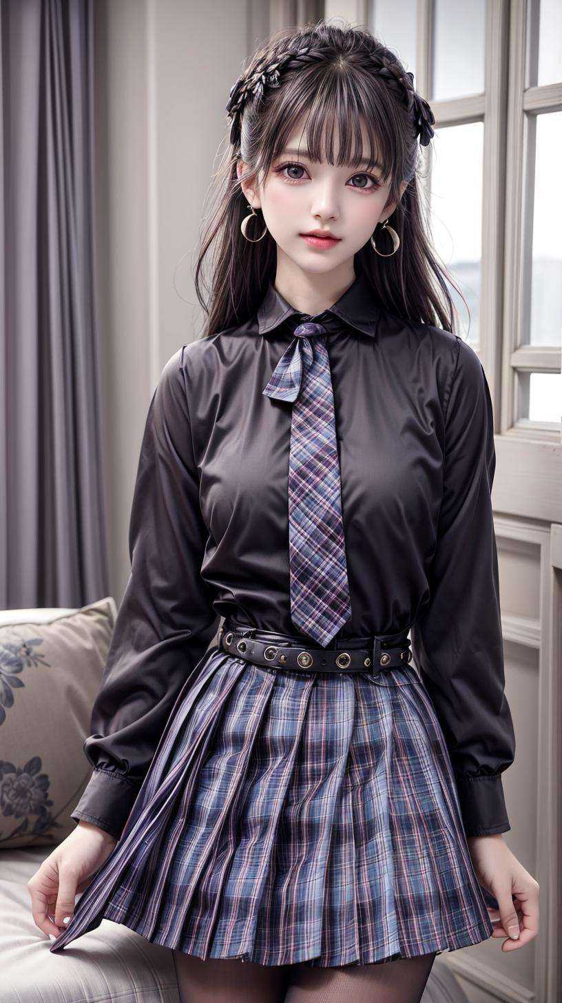 masterpiece,best quality,(detailed face, perfect face, perfect eyes, realistic eyes, perfect fingers),(clear face),fantasy girl,long hair,jewelry,earrings,looking at viewer,intricate,high detail,sharp focus,dramatic,beautiful girl,knees up,hotel room,standing,<lora:add_detail:0.9>,<lora:Dark jk skirt_20230709163946:0.8> plaid necktie,belt,plaid skirt,black shirt,bowtie,school uniform,pantyhose,