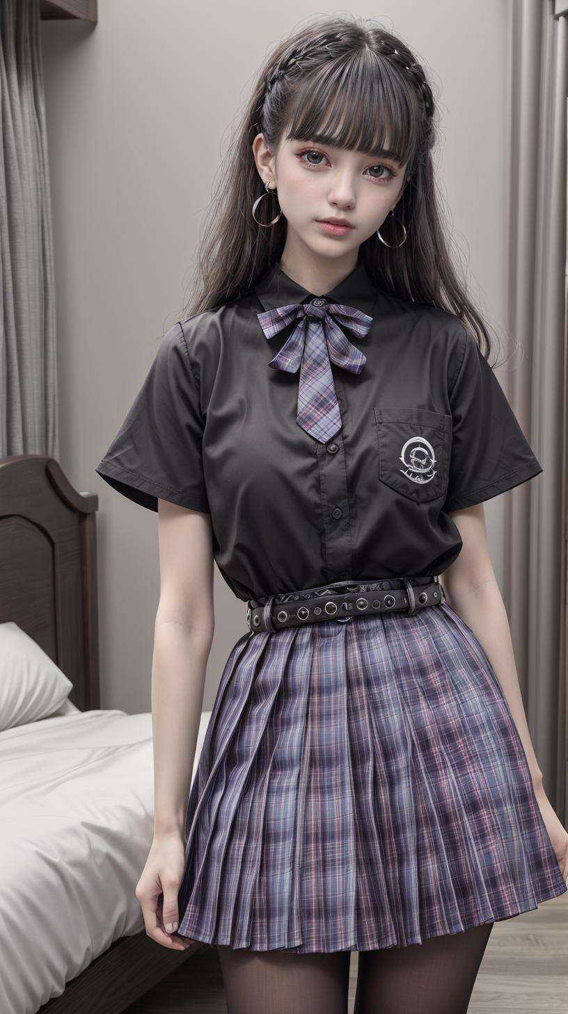 masterpiece,best quality,(detailed face, perfect face, perfect eyes, realistic eyes, perfect fingers),(clear face),fantasy girl,long hair,jewelry,earrings,looking at viewer,intricate,high detail,sharp focus,dramatic,beautiful girl,knees up,hotel room,standing,<lora:add_detail:0.9>,<lora:Dark jk skirt_20230709163946:0.8> belt,plaid skirt,(black shirt:1.2),bowtie,school uniform,pantyhose,