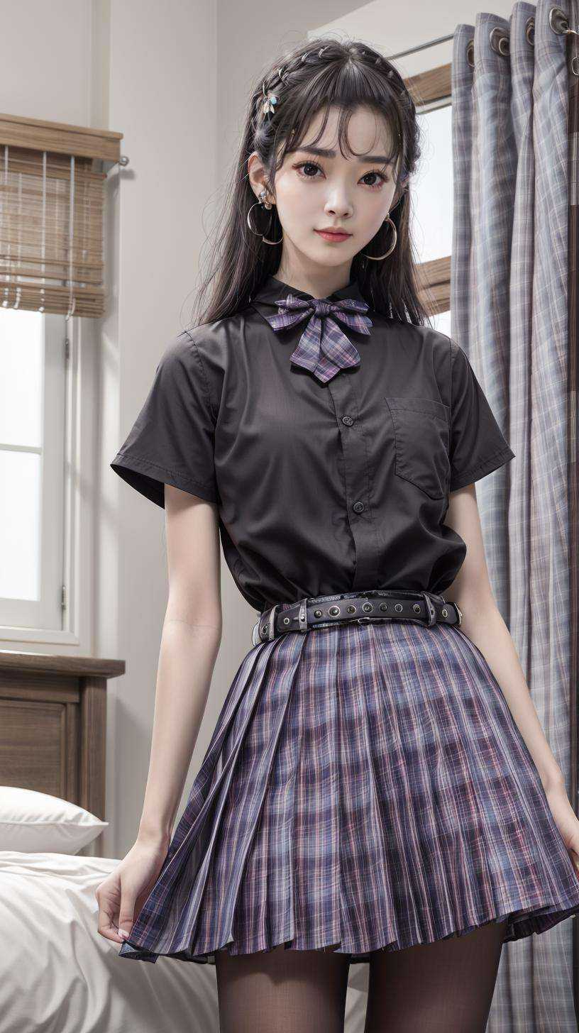 masterpiece,best quality,(detailed face, perfect face, perfect eyes, realistic eyes, perfect fingers),(clear face),fantasy girl,long hair,jewelry,earrings,looking at viewer,intricate,high detail,sharp focus,dramatic,beautiful girl,knees up,hotel room,standing,<lora:add_detail:0.9>,<lora:Dark jk skirt_20230709163946:0.8> belt,plaid skirt,(black shirt:1.2),bowtie,school uniform,pantyhose, 