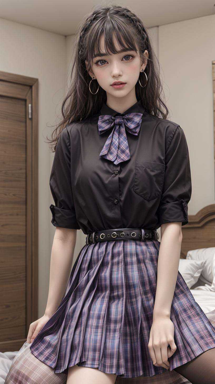masterpiece,best quality,(detailed face, perfect face, perfect eyes, realistic eyes, perfect fingers),(clear face),fantasy girl,long hair,jewelry,earrings,looking at viewer,intricate,high detail,sharp focus,dramatic,beautiful girl,knees up,hotel room,standing,<lora:add_detail:0.9>,<lora:Dark jk skirt_20230709163946:0.8> belt,plaid skirt,(black shirt:1.2),bowtie,school uniform,pantyhose,