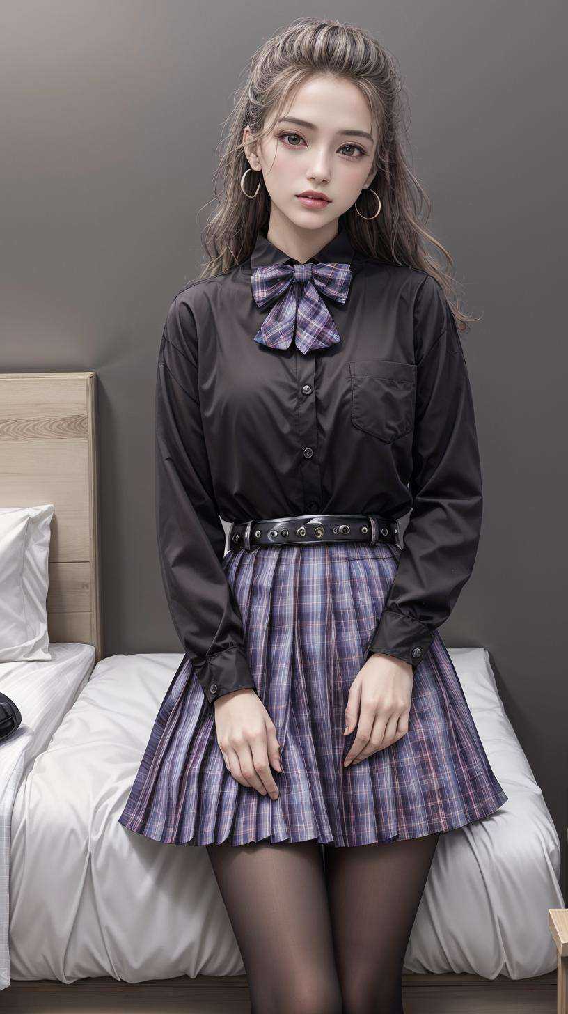 masterpiece,best quality,(detailed face, perfect face, perfect eyes, realistic eyes, perfect fingers),(clear face),fantasy girl,long hair,jewelry,earrings,looking at viewer,intricate,high detail,sharp focus,dramatic,beautiful girl,knees up,hotel room,standing,<lora:add_detail:0.9>,<lora:Dark jk skirt_20230709163946:0.8> belt,plaid skirt,(black shirt:1.2),bowtie,school uniform,pantyhose,