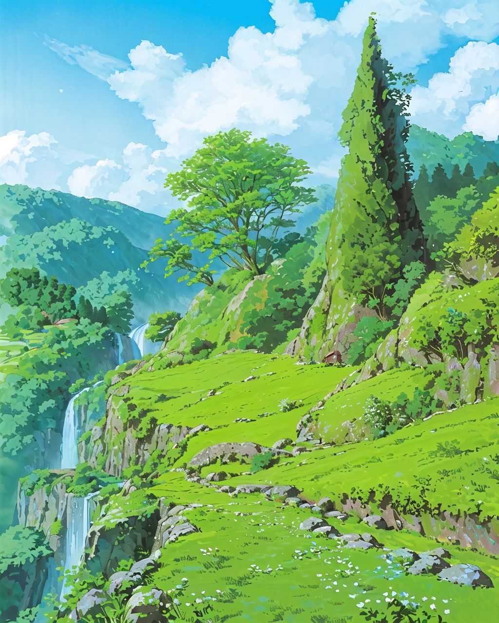 (((best quality))),single build,architecture, blue_sky, building,cloudy_sky, day, fantasy, fence, field, house, build,architecture,landscape, moss, outdoors, overgrown, path, river, road, rock, scenery, sky, sword, tower, tree, waterfall 