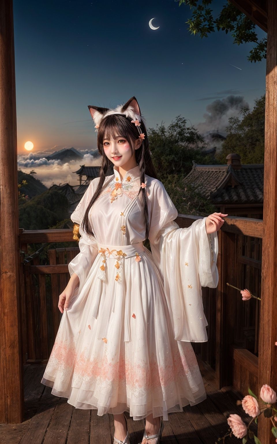 (8k, best quality,high quality clothes, light smile:1.2,bright pupils,sparkling eyes,masterpiece:1.2,tall precision skin,,rich facial texture,open_clothes:1.6),1girl,nipples, breasts, solo,long_hair, black_hair,(spring)(flowers all over the ground),(peach blossom, falling petals,petals,),(White Dress,white sleeves,white shorts,white hairband),(pavilion),(swinging fox tail),fur_trim, animal_ears, fur,(whit_ fur_clothing:1.3),hair_ornament, veil,cat girl,(cloud,MIST,peak,alp,1sunrise,1moon,morning,ship, starry sky,blooming with flowers, reeds,),(full of peach blossoms)