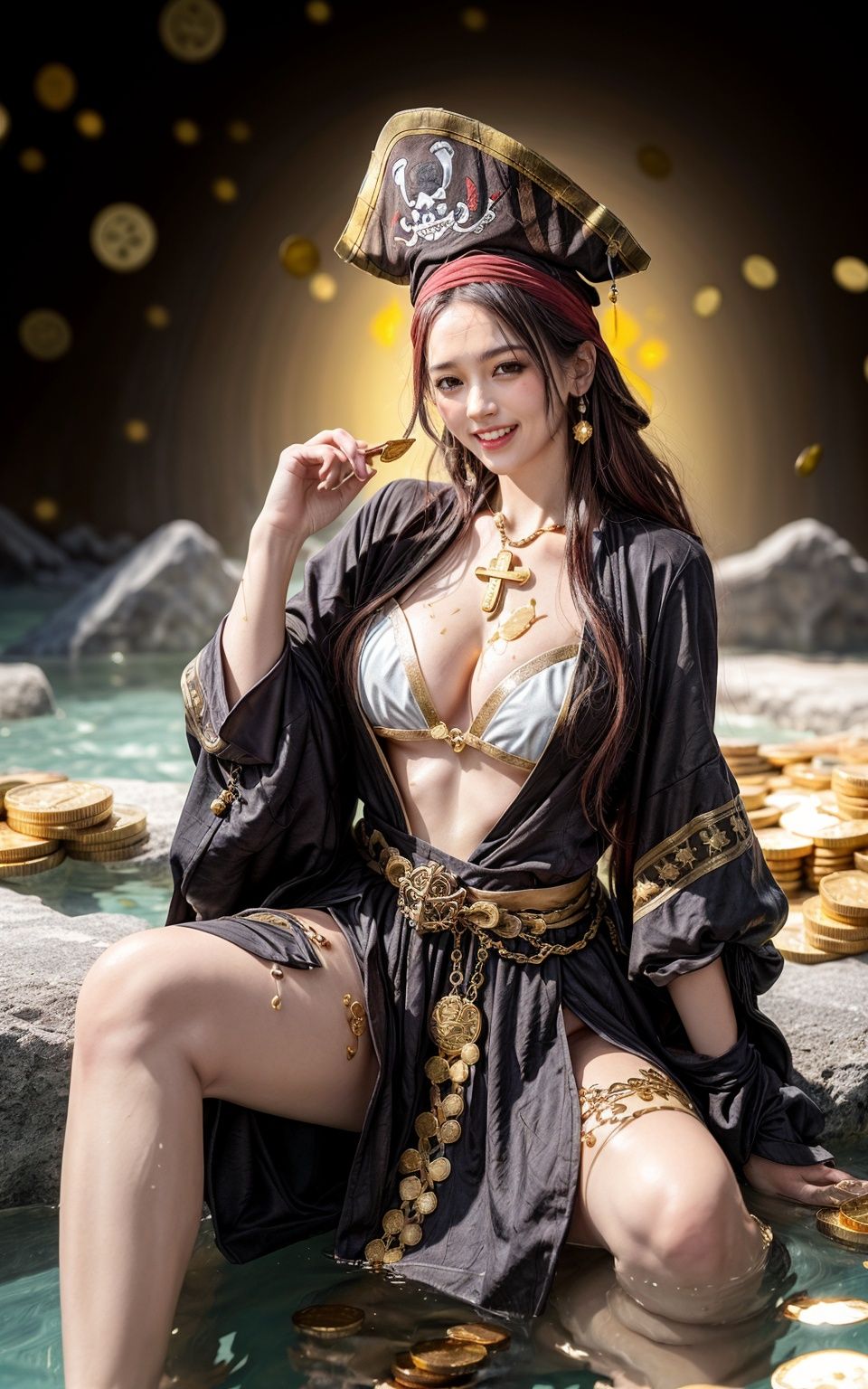 (yellow theme), (lots of Gold coins covered legs:1.3), (1 sweet female pirate half submerged sitting at lots of gold coin and jewelry:1.2), (gemstone and gold coins theme background:1.3), (laughing, Excitement, orgasm)(Black Pirate Eye Patch:1.2), like Jack SparrowGlittering gold coins and jewels, reflections, flash(detailed light), (an extremely delicate and beautiful), volume light, best shadow, Depth of field, [nsfw:0.8], Oily skin, cleavage, (skull, cross, Pirate flag background)