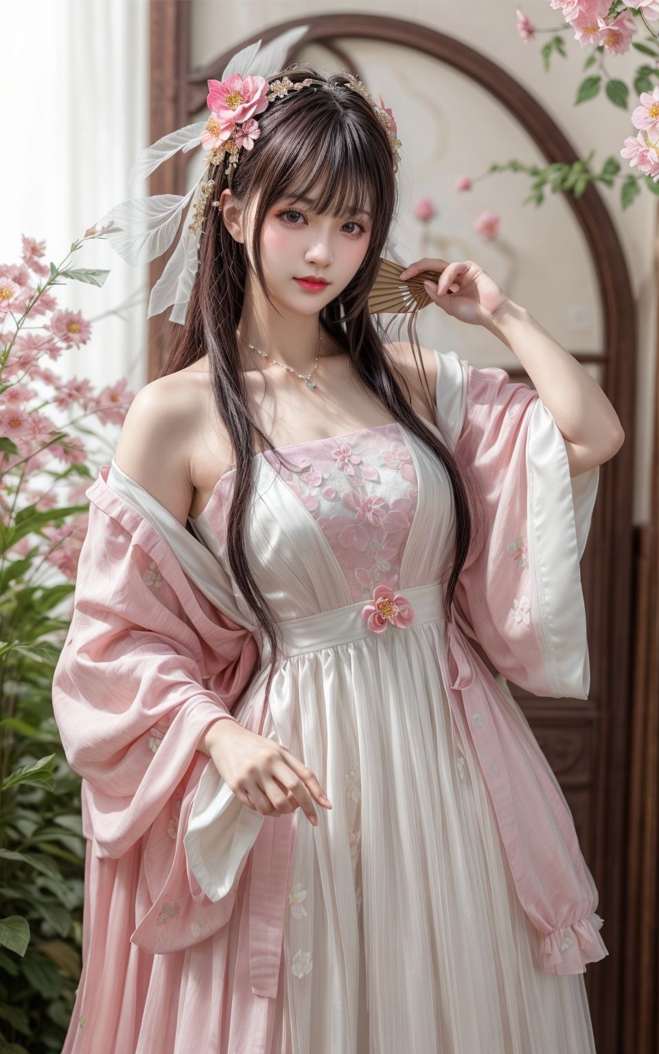 realistic,photorealistic,masterpiece,1girl, solo, dress, flower, pink background, black hair, holding, white dress, hair ornament, bangs, hair flower, brown hair, hand fan