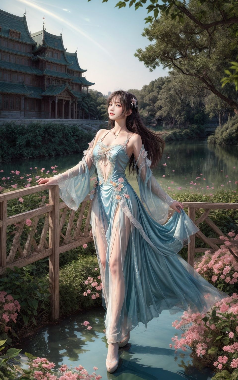 (extremely detailed CG unity 8k wallpaper),(((masterpiece))), (((best quality))), ((ultra-detailed)), (best illustration),(best shadow), ((an extremely delicate and beautiful)),dynamic angle,floating, fairyland,dynamic angle,sea of flowers,beautiful detailed garden,wind,classic,spring, (detailed light),feather, nature, (sunlight), river, forest,(((floating palace))),((the best building)),beautiful and delicate water,(painting),(sketch),(bloom),(shine)