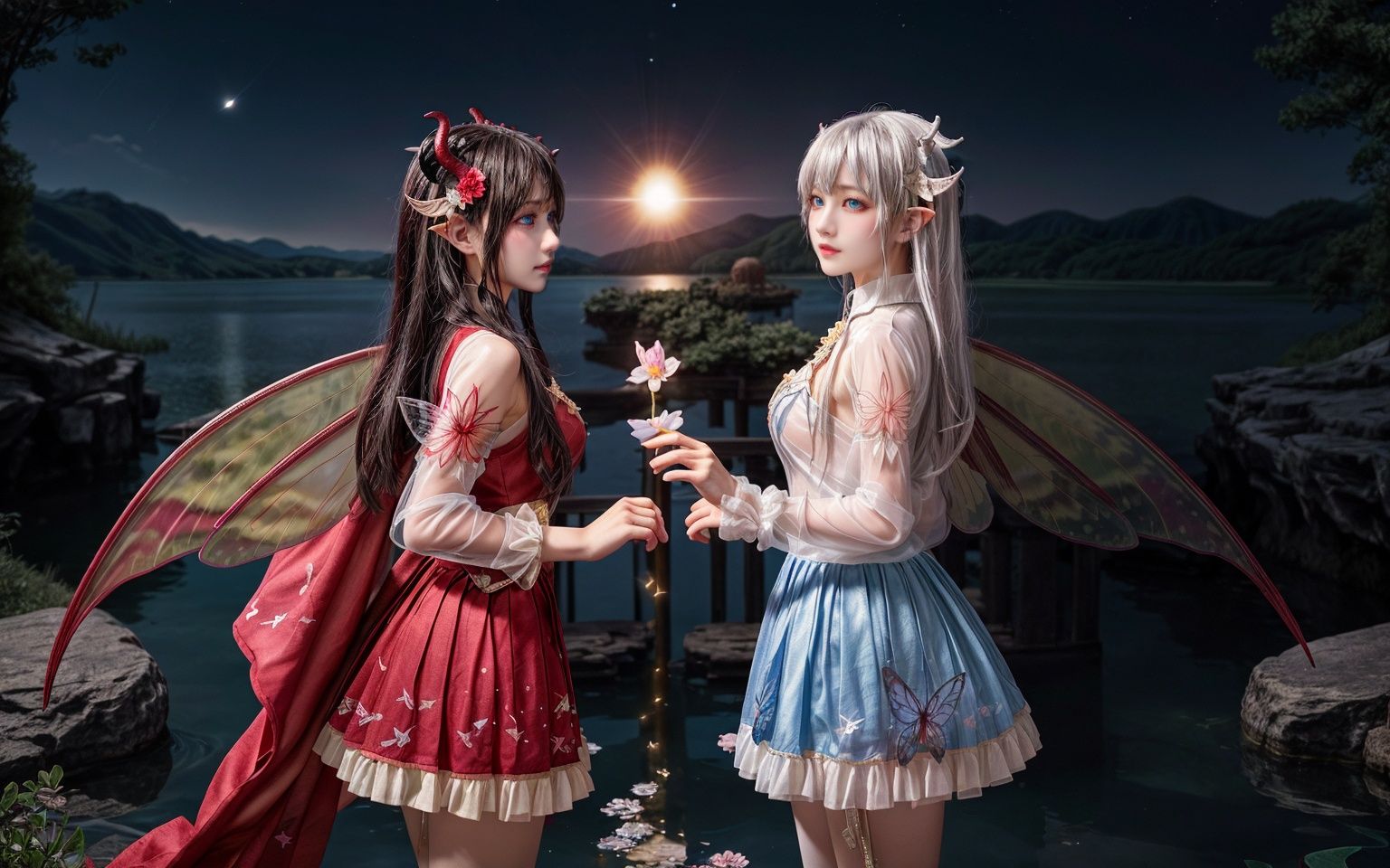 (detailed light), Depth of field, volume light,(an extremely delicate and beautiful),(Cowboy shot:1.2),[(confrontation split screen theme:1.2)::0.3], [(2 girls:1.2)::0.3],/=((left-side Dragon armor-horsewoman)and(red dragon-helmet)and(Detailed red eyes)and(horns)and(High transparent wings)and(Red-armor)),(Medium breasts),(split screen:0.8),Detailed anime face,/=(Face to face),Fighting posture,,Extremely delicate and beautiful,/=((right-side Gauze-skirt-fairy)and(High transparent butterfly-wings)and(Detailed blue-Eyes) and (long-white-hair)and(Fairy-ear)and (blue flower-Gauze-skirt)),(frill:1.2),(Medium breasts),beautiful eyes,Extremely delicate and beautiful,/=(Starry sky and lake background),Detailed reflections of the lake,Meteor showers, colorful nebulae, comets,Depth of Field,best-lighting,volumetric-light,(tyndall rays:1.2)