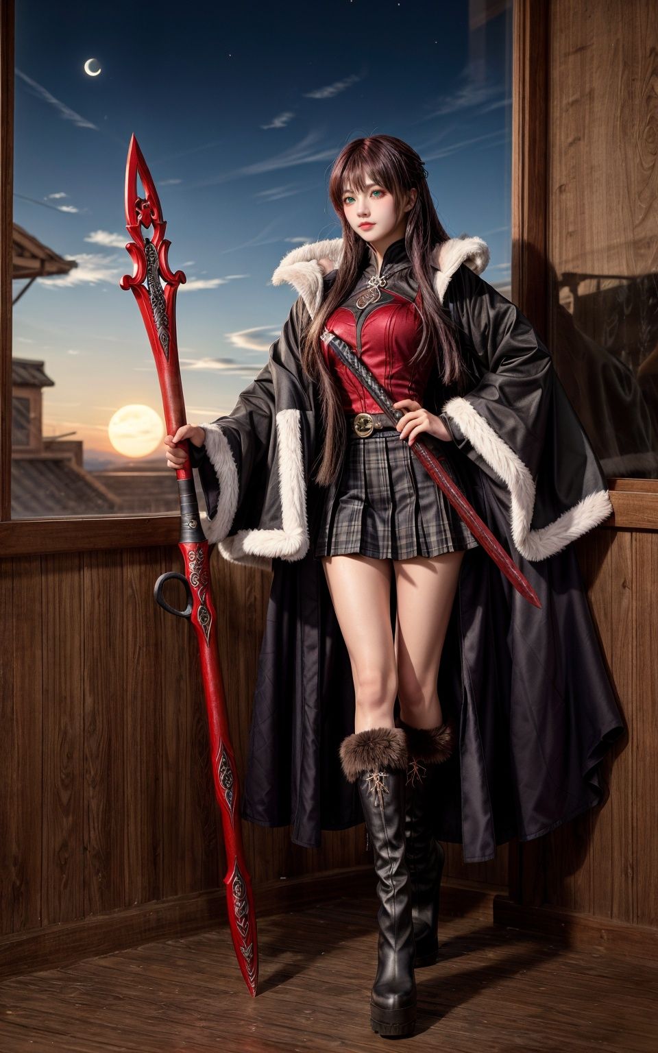 heterochromia,one girl,weapon,fur_trim,window,long_hair,red_eyes,solo,boots,spear,polearm,skirt,fur_collar,sword,fur-trimmed_jacket,fur-trimmed_boots,looking_at_viewer,holding_weapon,holding,plaid,black_hair,blue_eyes,plaid_skirt,pleated_skirt,school_uniform,brown_hair,fur,sunset,glowing,red_sky,moon,jacket,very_long_hair,hair_between_eyes,long_sleeves,high_heels,indoors,full_body,coat,fur-trimmed_sleeves,scathach_(fate),red_moon,fur-trimmed_coat,fur_boots,blue_skirt,scissors,miniskirt,dress,green_eyes,lance,cloud,sky,gae_bolg_(fate),holding_sword,eyebrows_visible_through_hair,open_window,fur-trimmed_cape,huge_weapon,ribbon,holding_polearm