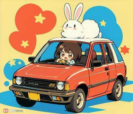 masterpiece,best quality,1980s \(style\),retro artstyle,toy box art,(solo,chibi:1.2),moko-chan,:d,brown hair,brown eyes,medium hair,riding toy car,rabbit,star \(symbol\),logo,<lyco:moko-chan_v10:0.6>,<lyco:GoodHands-beta2:0.9>
