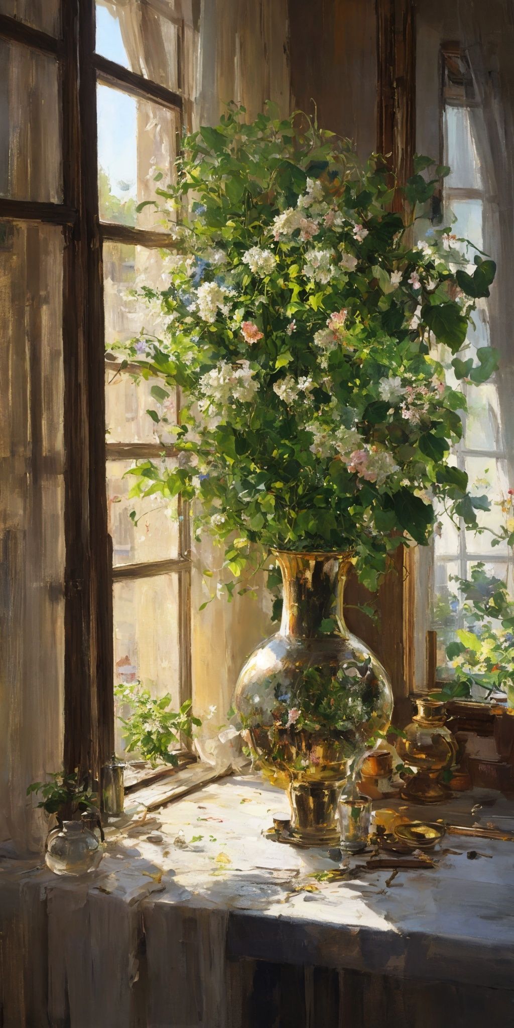 window,no humans,flower,plant,traditional media,vase,curtains,scenery,shadow,still life,leaf,painting,medium,indoors