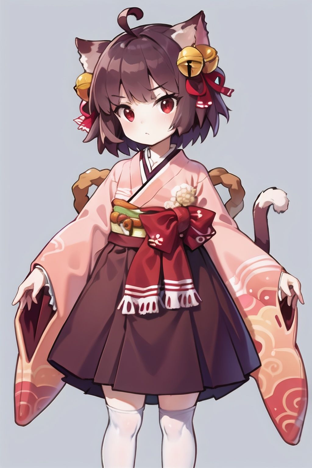 Majsoul,Ichihime,Ichihime_original,short hair,red eyes,brown hair,ahoge,cat ears,hair bell,hair ribbon,kimono,hakama skirt,white legwear,cat tail,
