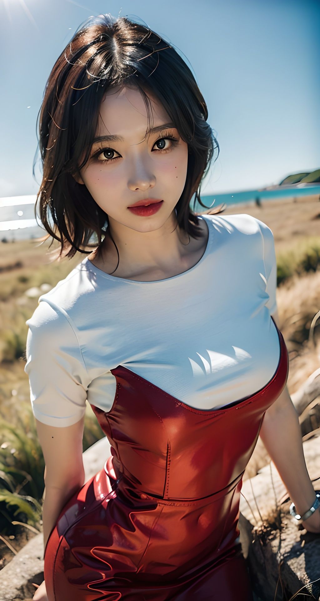 Nikon RAW photo,8 k,Fujifilm XT3,masterpiece, best quality, realistic, photorealistic,ultra detailed,1girl,solo,close up portrait,standing, beautiful blue sky,serene expression, luxury red dress, surrounded by a sea of grass,kushimaKamomeSummer,Winter Makina
