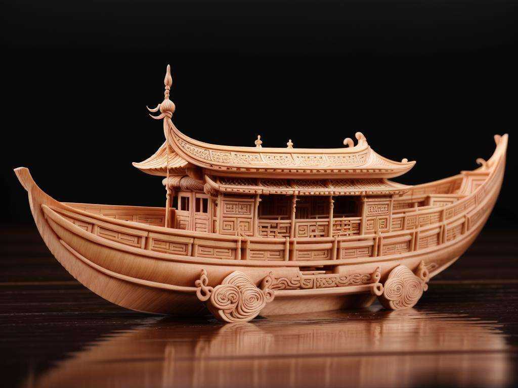 ((masterpiece)), ((best quality)), 8k, high detailed, ultra-detailed, long boat,  water craft, side view, <lora:Chinese nut-carving:0.7>