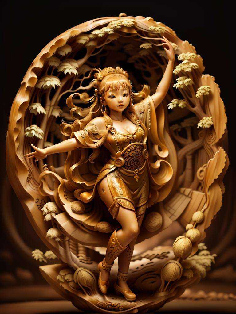 ((masterpiece)), ((best quality)), 8k, high detailed, ultra-detailed, Chinese nut-carving,  1girl, (dancing in traditional costume), (graceful pose:1.1), (bamboo forest:1.2), dynamic scene with flowing robes, dramatic lighting, capturing the elegance and beauty of Chinese culture,<lora:Chinese nut-carving:0.9>