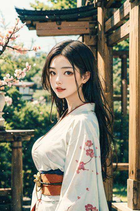 (masterpiece:1.2, best quality), (real picture, intricate details, depth of field), dynamic angle, 1girl, mature female, (smile:0.5), big breasts, standing at a japan shinto shrine, torii gate, kimono, cherry blossom, tree branch, (film overlay, film grain:1.2), <lora:Heavy_grain:0.55>, <lora:Amee_V12:0.4>, <lora:BeautyNwsjMajic2:0.6>