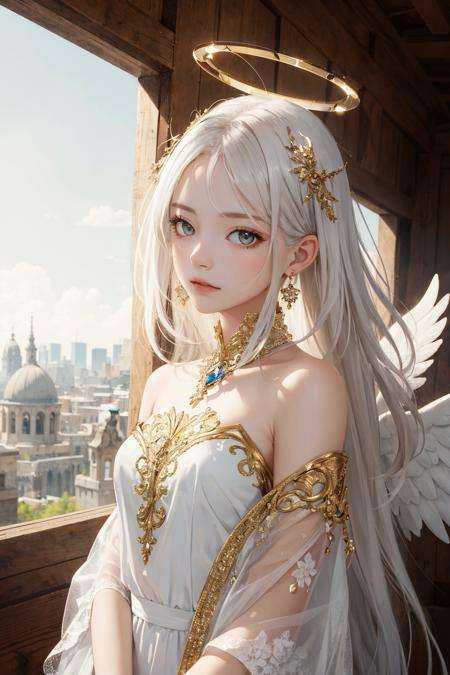 (masterpiece:1.2, best quality), (real picture, intricate details, depth of field), heaven background, 1girl, white hair, golden eyes, long hair, halo, angel wings, serene expression, looking at viewer
