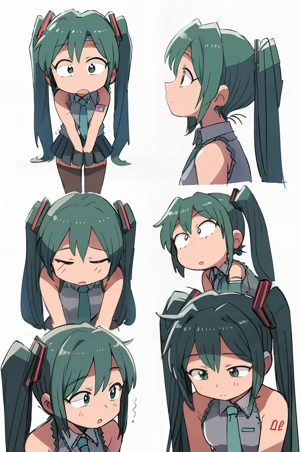 masterpiece, best quality, <lora:style05:1>, chibi,hatsune miku,green hair,long hair,twintails, headband, white background, chibi