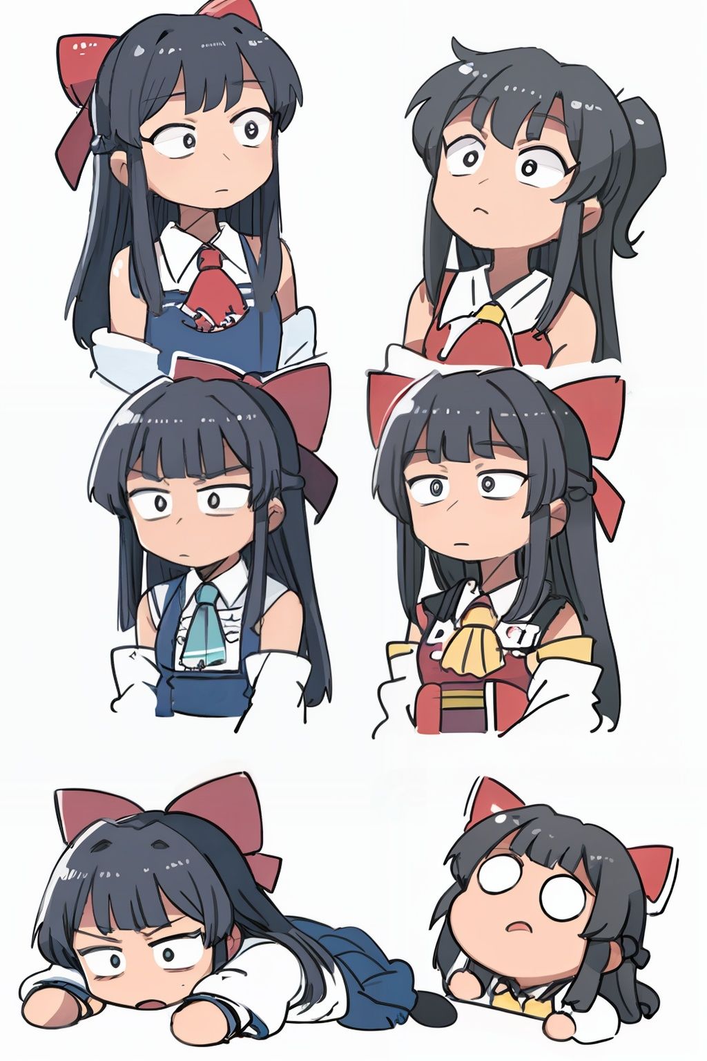 masterpiece, best quality,, <lora:style05:1>,multiple expressions,multiple avatars,(chibi:1.3),white background, hakurei reimu, black hair,red bow,long hair,miko,japanese clothes, ascot, 