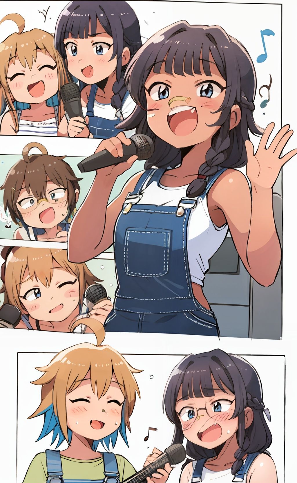 masterpiece, best quality,, <lora:style05:1>,multiple girls, overalls, black hair, blonde hair, microphone, closed eyes, glasses, 6+girls, multiple boys, open mouth, brown hair, smile, bandaid on face, blue eyes, long hair, music, braid, musical note, fang, **** top, singing, multicolored hair, short hair, ahoge, dark skin, orange hair, holding, purple hair, ^_^, white background, blush, food, bandaid on nose, bandaid, grey hair, simple background, blush stickers, :d, holding microphone, instrument, bangs, shirt, single braid, dark-skinned female, eighth note, white shirt, hood, two-tone hair, blue overalls