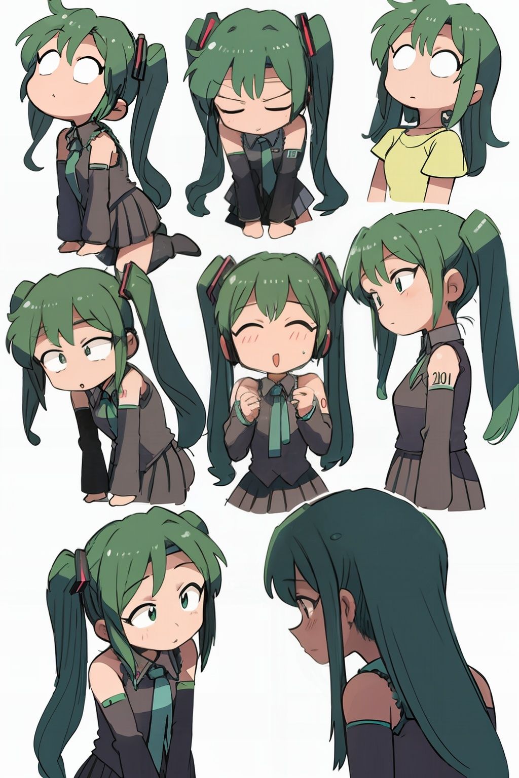 masterpiece, best quality, <lora:style05:1>, chibi,hatsune miku,green hair,long hair,twintails, headband, white background, chibi,multiple girls, multiple views, 