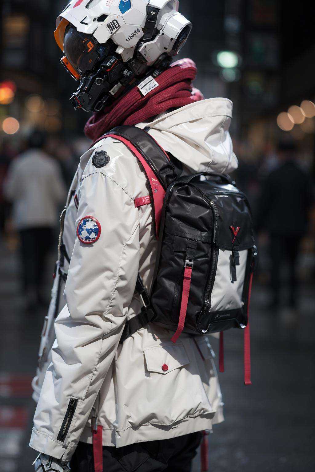 (realistic:1.2),blurry, blurry_background, blurry_foreground, depth_of_field, jacket, solo, long_sleeves, weapon, hood, bag, scarf, from_side, white_jacket, backpack, helmet, robot, 1other, zipper, science_fiction, urban techwear, outfit<lora:urbantechwear:1:OUTD> <lora:Emma Watson:1:face>