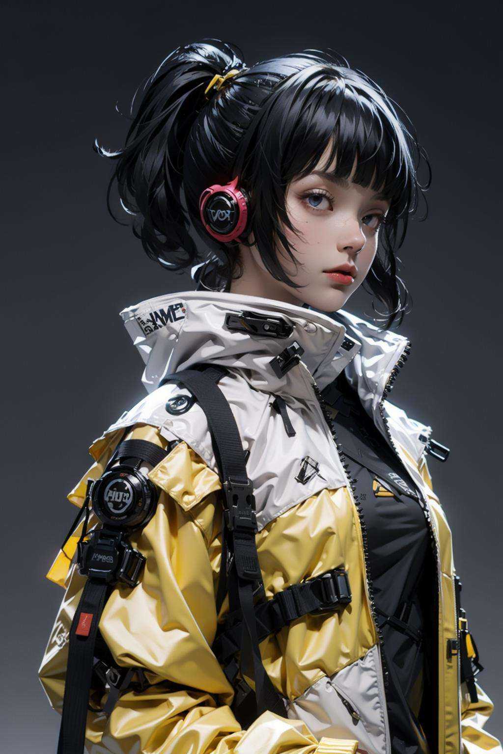 (realistic:1.2),1girl, bandaid, black_hair, dirty, grey_background, headphones, headset, short_hair, solo, breasts, bangs, blue_eyes, simple_background, long_sleeves, medium_breasts, jacket, upper_body, ponytail, small_breasts, lips, see-through, torn_clothes, facial_mark, yellow_jacket, urban techwear, outfit <lora:urbantechwear:1>