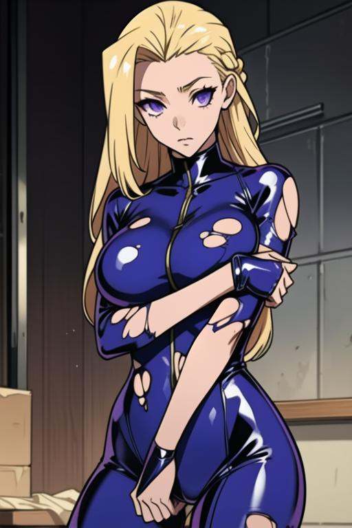 Long blonde hair,  purple tight clothing,  (badly torn latex clothing) on Tensor.Art