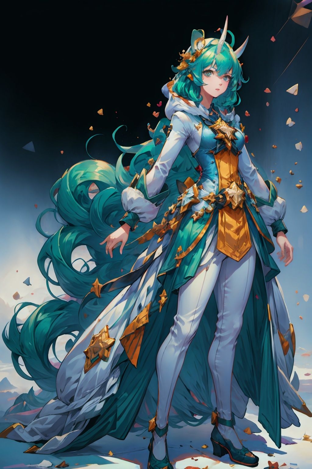 , (best quality,masterpiece:1.1,ultra detailed,extremely detailed CG unity 8k wallpaper,masterpiece,RAW photo),(realistic,photo-realistic:1.1,1girl,solo),((perfect female body,narrow waist)),1girl, solo, ((single horn)), long hair, green eyes, star guardian (league of legends), animal ears,(green hair), long sleeves, gradient background, bangs, looking at viewer, shoes, hood, alternate costume, puffy sleeves, alternate hair color, star (symbol),upper body, real photo,nijistyle,floating, <lora:EMS-1571-EMS:0.4>, <lora:EMS-893-EMS:1.1>, <lora:EMS-10828-EMS:0.6>