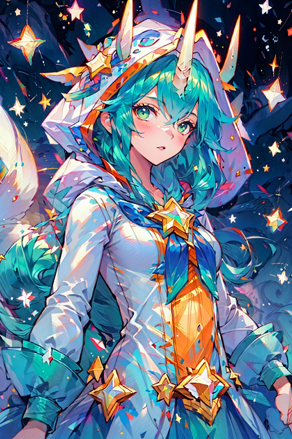 (best quality,masterpiece:1.1,ultra detailed,extremely detailed CG unity 8k wallpaper,masterpiece,RAW photo),(realistic,photo-realistic:1.1,1girl,solo),((perfect female body,narrow waist)),1girl, solo, single horns, ((single horn)), long hair, green eyes, star guardian (league of legends), animal ears,(green hair), long sleeves, gradient background, bangs, looking at viewer, shoes, hood, alternate costume, puffy sleeves, alternate hair color, star (symbol),upper body, real photo,nijistyle, , , <lora:EMS-11050-EMS:1>, <lora:EMS-1571-EMS:0.4>, <lora:EMS-3106-EMS:0.8>