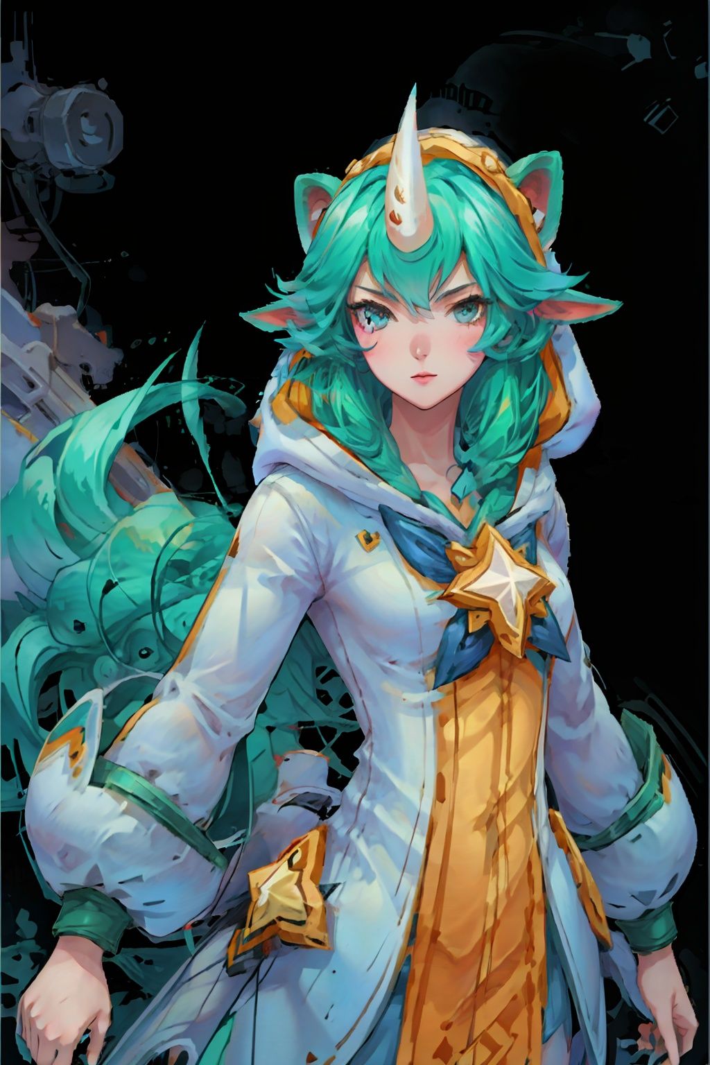 , (best quality,masterpiece:1.1,ultra detailed,extremely detailed CG unity 8k wallpaper,masterpiece,RAW photo),(realistic,photo-realistic:1.1,1girl,solo),((perfect female body,narrow waist)),1girl, solo, ((single horn)), long hair, green eyes, star guardian (league of legends), animal ears,(green hair), long sleeves, gradient background, bangs, looking at viewer, shoes, hood, alternate costume, puffy sleeves, alternate hair color, star (symbol),upper body, real photo,nijistyle,floating, <lora:EMS-1571-EMS:0.4>, <lora:EMS-10624-EMS:1>, <lora:EMS-10828-EMS:0.8>