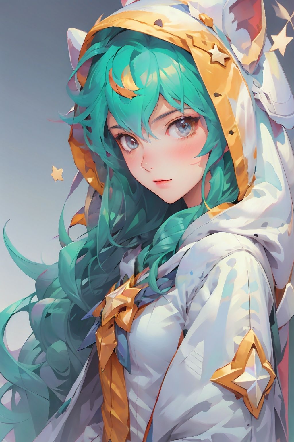 , (best quality,masterpiece:1.1,ultra detailed,extremely detailed CG unity 8k wallpaper,masterpiece,RAW photo),(realistic,photo-realistic:1.1,1girl,solo),((perfect female body,narrow waist)),1girl, solo, horns, single horn, long hair, green eyes, star guardian (league of legends), animal ears, green hair, long sleeves, gradient background, bangs, looking at viewer, shoes, hood, alternate costume, puffy sleeves, alternate hair color, star (symbol),upper body, real photo,nijistyle, <lora:EMS-10828-EMS:0.7>, <lora:EMS-1571-EMS:0.8>