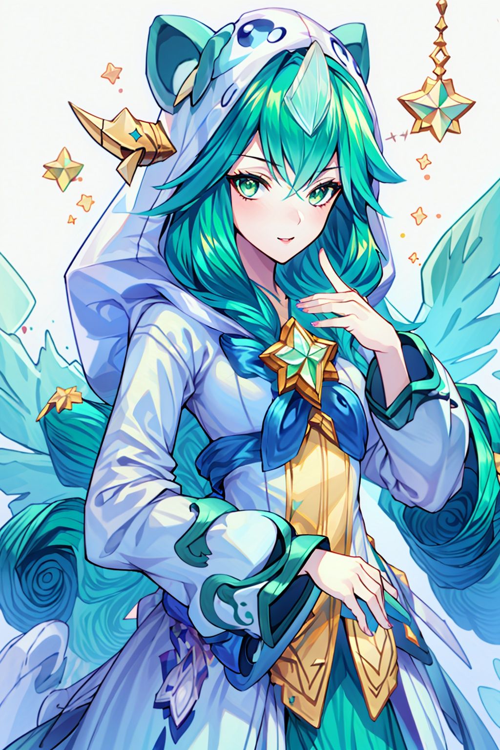 (best quality,masterpiece:1.1,ultra detailed,extremely detailed CG unity 8k wallpaper,masterpiece,RAW photo),(realistic,photo-realistic:1.1,1girl,solo),((perfect female body,narrow waist)),1girl, solo, single horns, (single horn), long hair, green eyes, star guardian (league of legends), animal ears,(green hair), long sleeves, gradient background, bangs, looking at viewer, shoes, hood, alternate costume, puffy sleeves, alternate hair color, star (symbol),upper body, real photo,nijistyle, , ,fairy tale girl, <lora:EMS-11050-EMS:1>, <lora:EMS-7147-EMS:0.8>