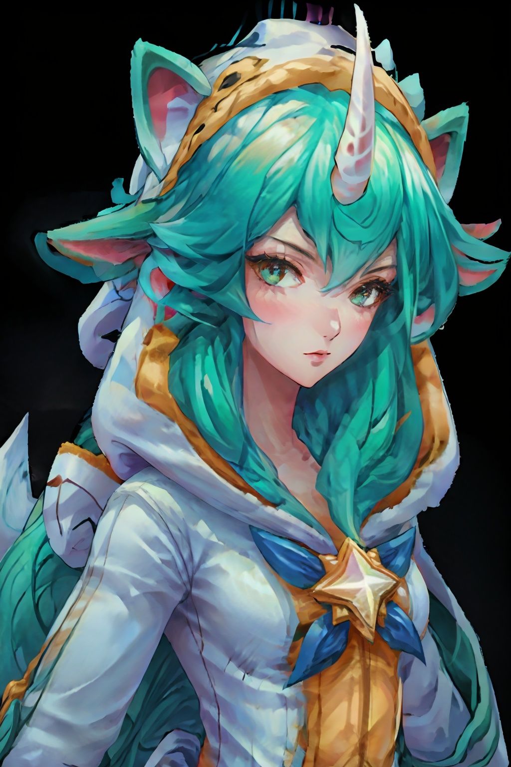 , (best quality,masterpiece:1.1,ultra detailed,extremely detailed CG unity 8k wallpaper,masterpiece,RAW photo),(realistic,photo-realistic:1.1,1girl,solo),((perfect female body,narrow waist)),1girl, solo, ((single horn)), long hair, green eyes, star guardian (league of legends), animal ears,(green hair), long sleeves, gradient background, bangs, looking at viewer, shoes, hood, alternate costume, puffy sleeves, alternate hair color, star (symbol),upper body, real photo,nijistyle, <lora:EMS-10828-EMS:1>, <lora:EMS-1571-EMS:0.4>, <lora:EMS-319-EMS:0.6>