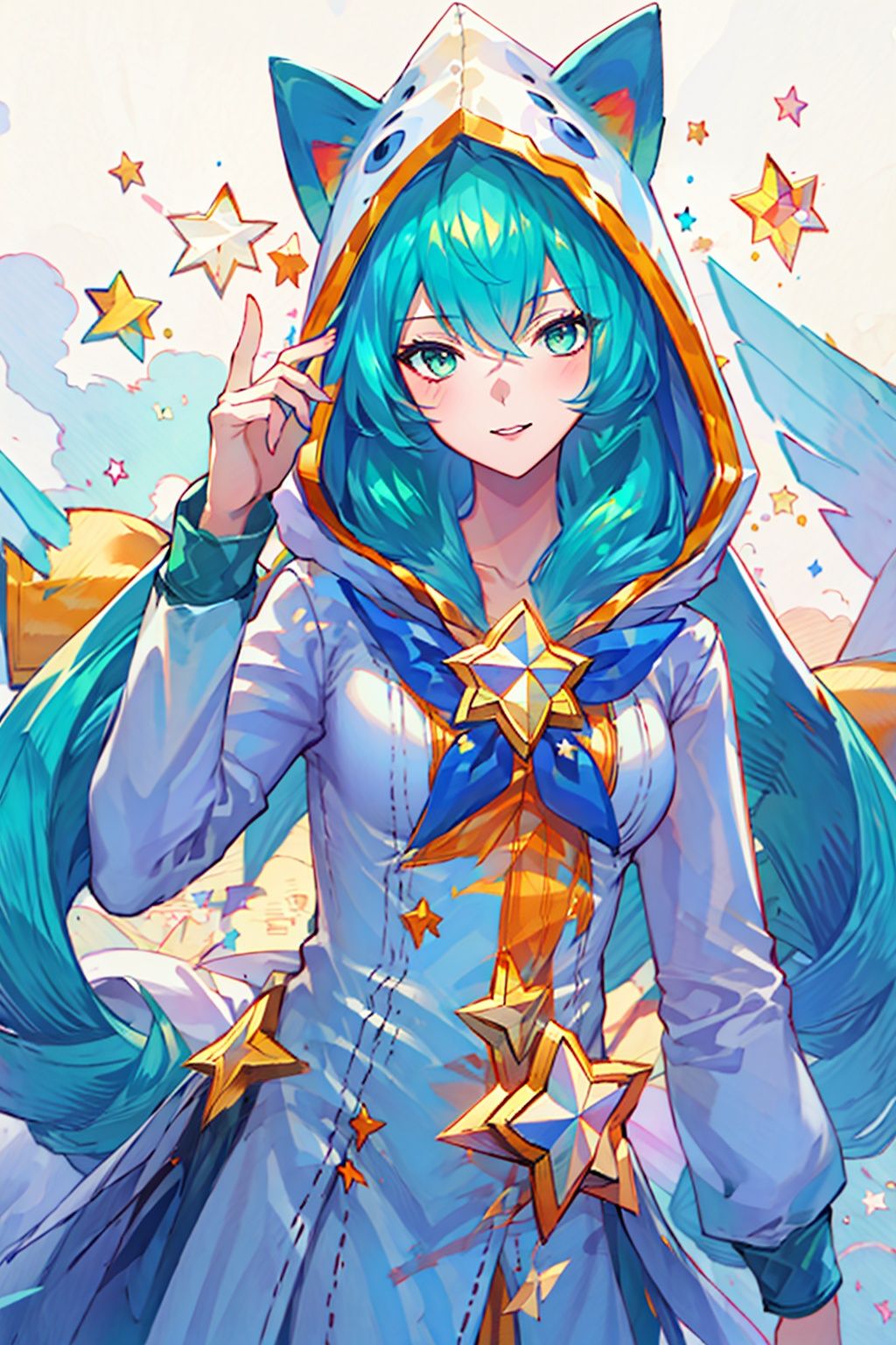 (best quality,masterpiece:1.1,ultra detailed,extremely detailed CG unity 8k wallpaper,masterpiece,RAW photo),(realistic,photo-realistic:1.1,1girl,solo),((perfect female body,narrow waist)),1girl, solo, single horns, (single horn), long hair, green eyes, star guardian (league of legends), animal ears,(green hair), long sleeves, gradient background, bangs, looking at viewer, shoes, hood, alternate costume, puffy sleeves, alternate hair color, star (symbol),upper body, real photo,nijistyle, , , <lora:EMS-11050-EMS:1>, <lora:EMS-3106-EMS:0.8>