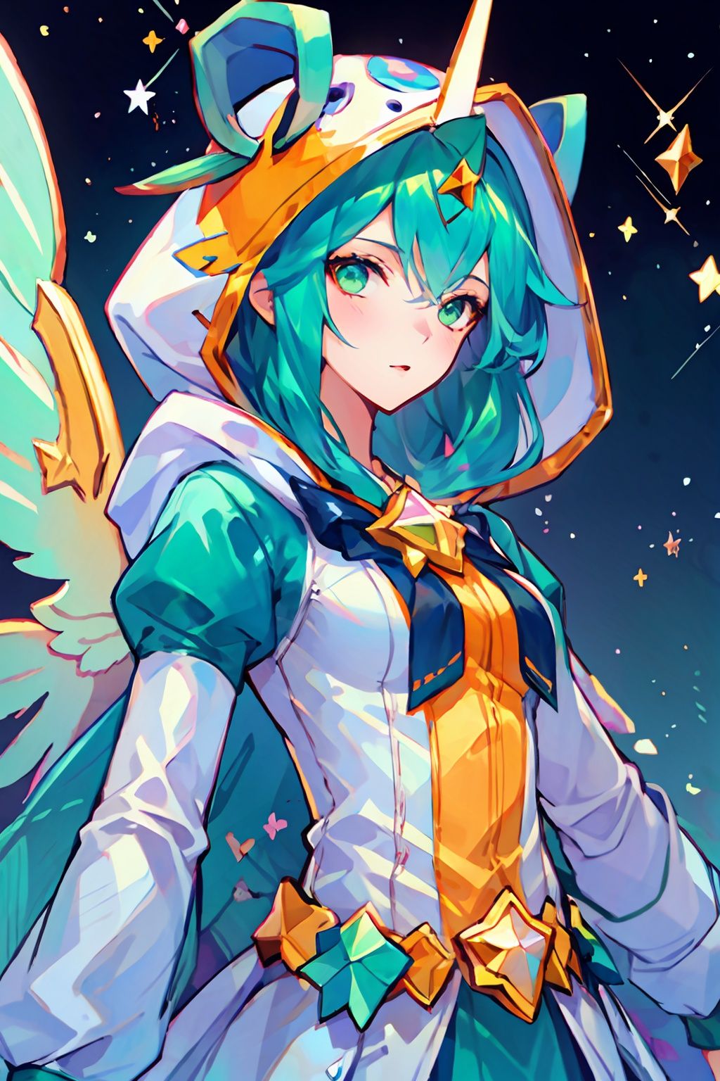 (best quality,masterpiece:1.1,ultra detailed,extremely detailed CG unity 8k wallpaper,masterpiece,RAW photo),(realistic,photo-realistic:1.1,1girl,solo),((perfect female body,narrow waist)),1girl, solo, single horns, (single horn), long hair, green eyes, star guardian (league of legends), animal ears,(green hair), long sleeves, gradient background, bangs, looking at viewer, shoes, hood, alternate costume, puffy sleeves, alternate hair color, star (symbol),upper body, real photo,nijistyle, , ,fairy tale girl,MG 2.5,midjourney