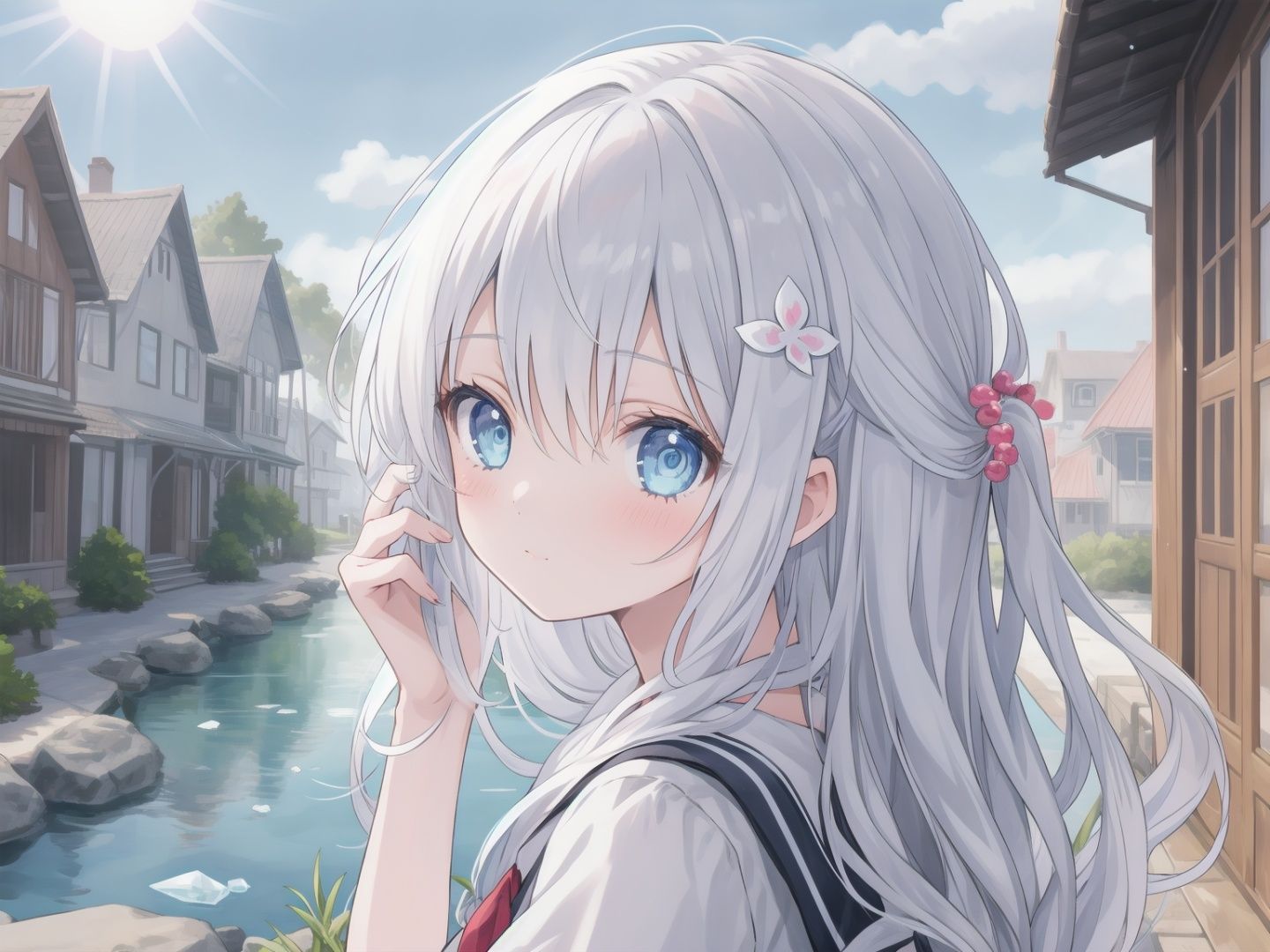 lineart, masterpiece,upper body,1girl,loli,full body,blue long hair,hair ornament, beautiful detailed eyes,tying hair,outdoors,ice lake, house, sunlight